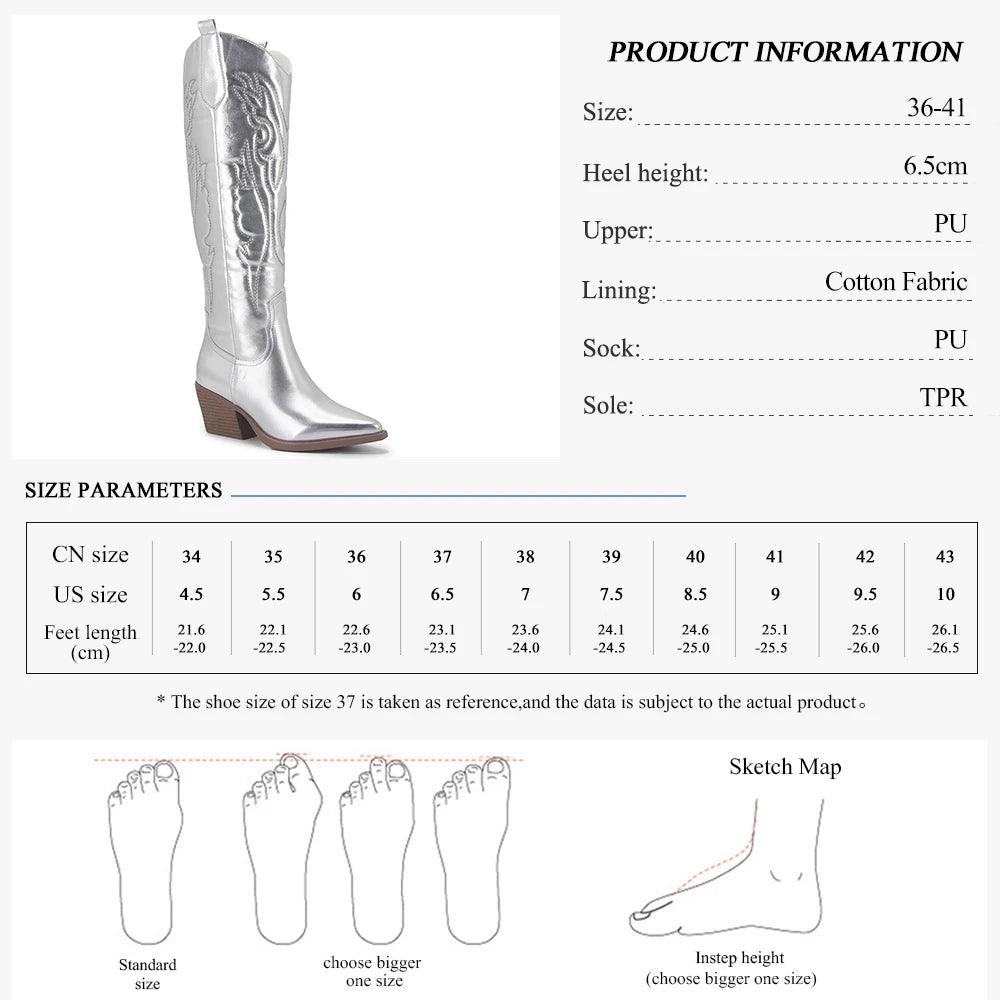 GMQM New Fashion Women 's Embroidered Western CowBoy Shoes Knee High Boots PU Chunky Heel Platform Boots Pointed Toe Punk Style-THAT FASHION STORE