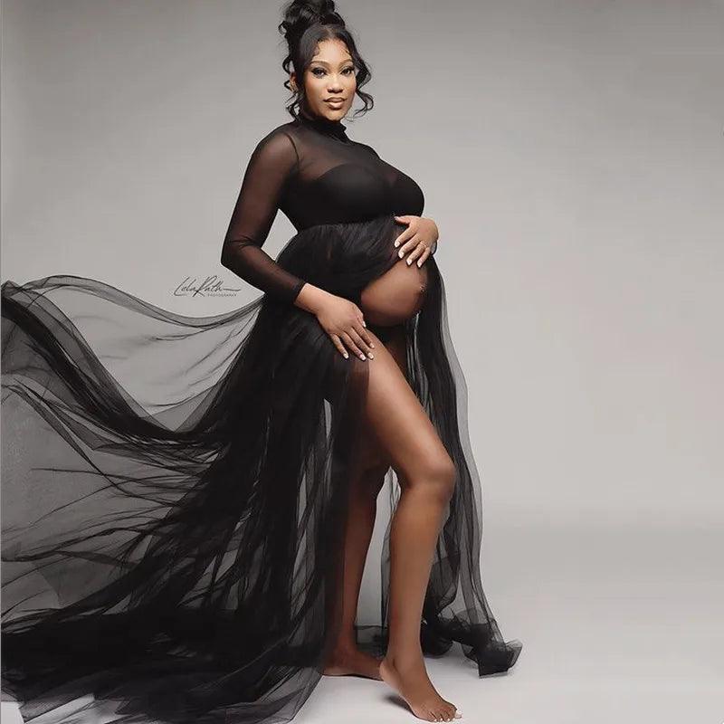 Full Sleeve Stretchy Mesh Maternity Photography Tulle Dress See Through Pregnant Woman Open Front Tulle Dress-THAT FASHION STORE