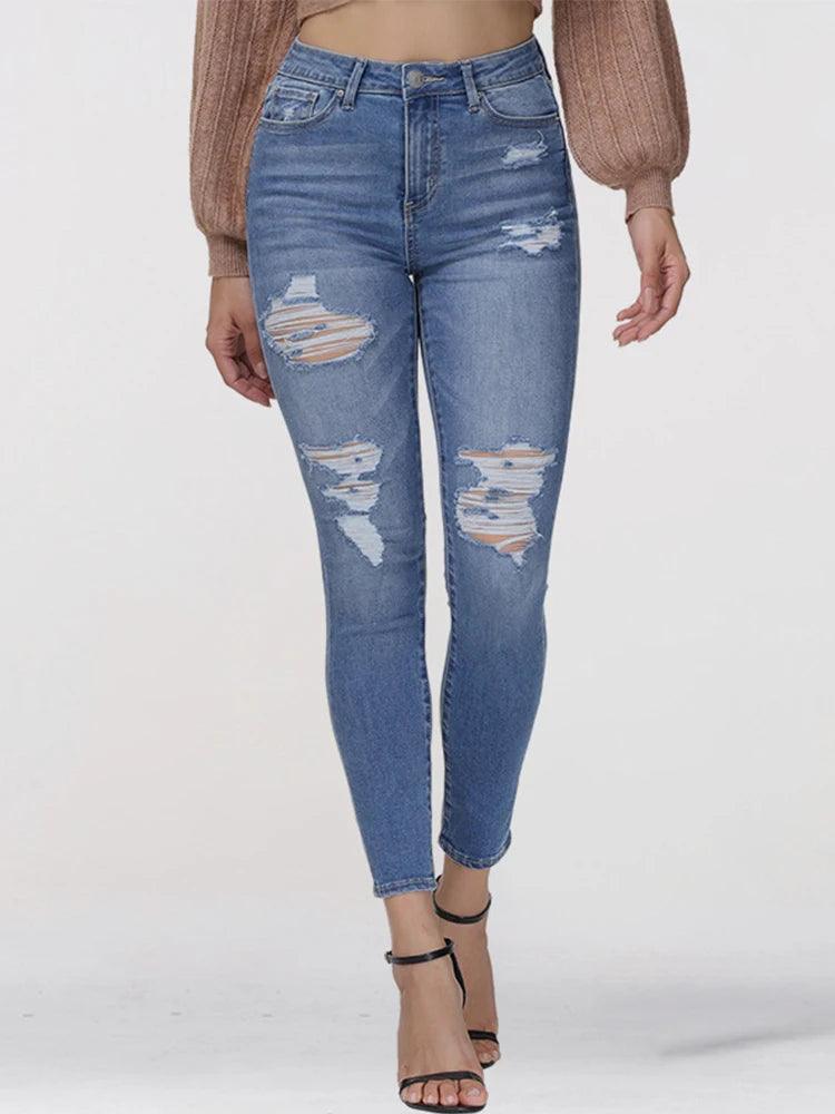 Denimcolab 2024 New Women’s Skinny Jeans With Fashion Ripped High Waist Pencil Pants Ladies Streetwear Casual Solid Hole Jeans-THAT FASHION STORE