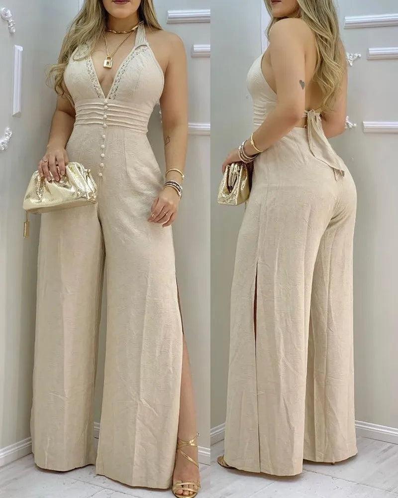 2023 Women Jumpsuits Lace Trim Buttoned Backless Slit Jumpsuit Jumpsuit-THAT FASHION STORE