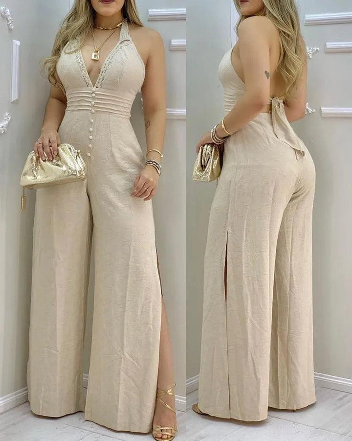 2023 Women Jumpsuits Lace Trim Buttoned Backless Slit Jumpsuit Jumpsuit-THAT FASHION STORE