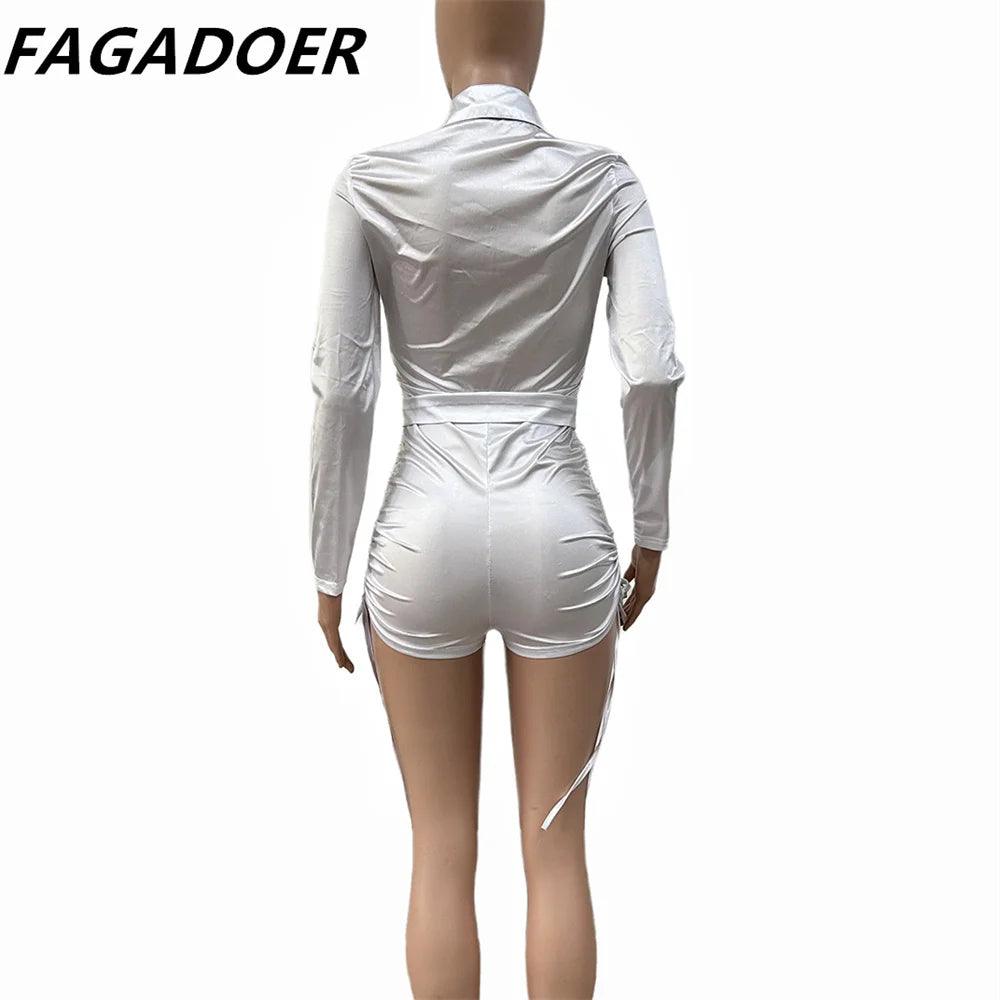 FAGADOER Spring New Solid Color Drawstring Bodycon Rompers Women Turndown Collar Long Sleeve Slim Jumpsuits Fashion Slim Overall-THAT FASHION STORE