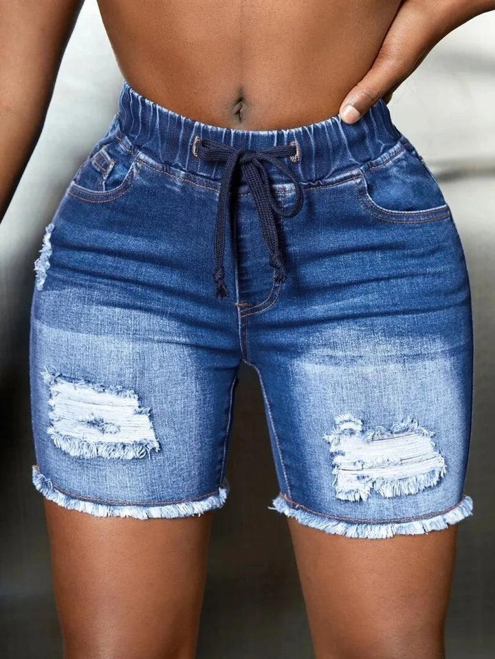 2023 Summer New Elastic Waist Ripped Denim Shorts For Women Fashion High Stretch Skinny Tassel Sexy Shorts Jeans Casual Clothing-THAT FASHION STORE