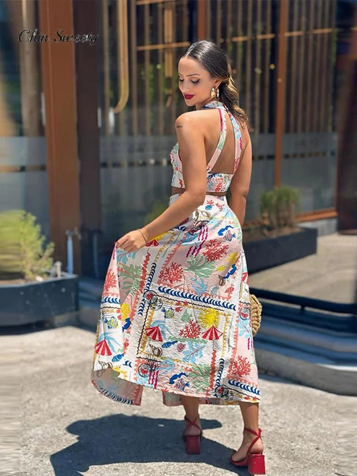 Chic Print Tank Top Skirt Women Set Sexy Halter Backless Sleeveless Tops Beach Empire Side Split Skirts 2024 Summer Lady Set-THAT FASHION STORE