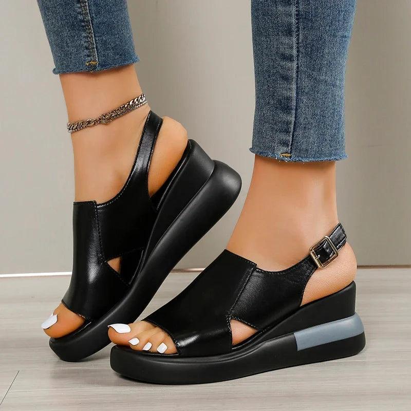 Summer Women Wedge Sandals Solid Color Open Toe Sandals Outdoor Beach Shoes Casual Fashion Sandals Roman Shoes Platform Sandals-THAT FASHION STORE