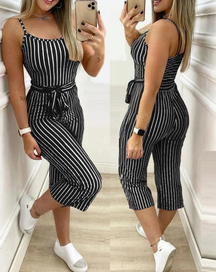 Women's Jumpsuit 2024 Summer Elegant Casual Striped Printed Spaghetti Strap Tie Details Mid Waisted Tight Fit Cropped Jumpsuit-THAT FASHION STORE