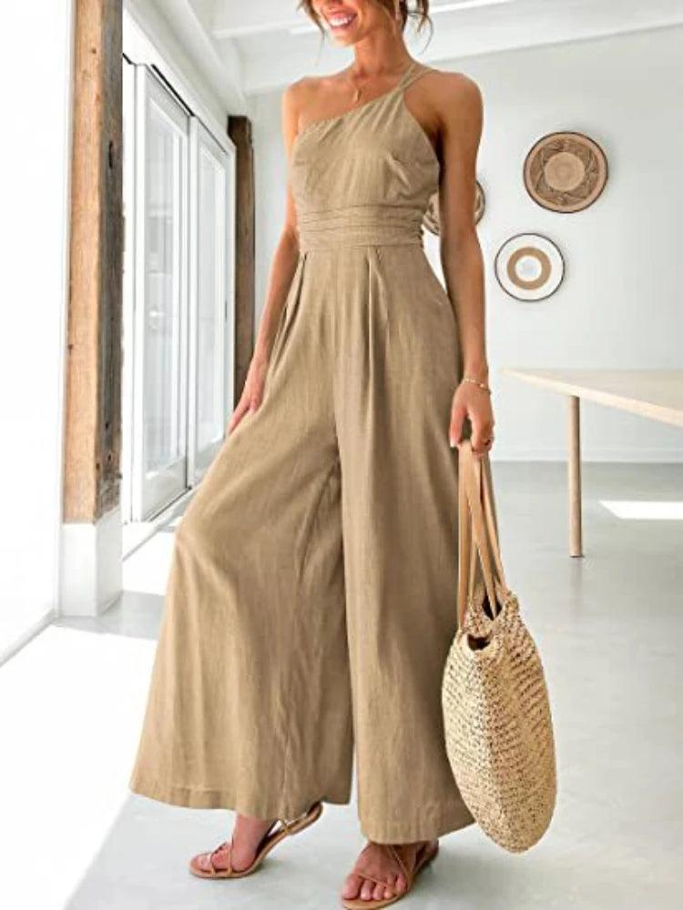 Women's Jumpsuit Single Shoulder Strap Pleated High Jumpsuit-THAT FASHION STORE