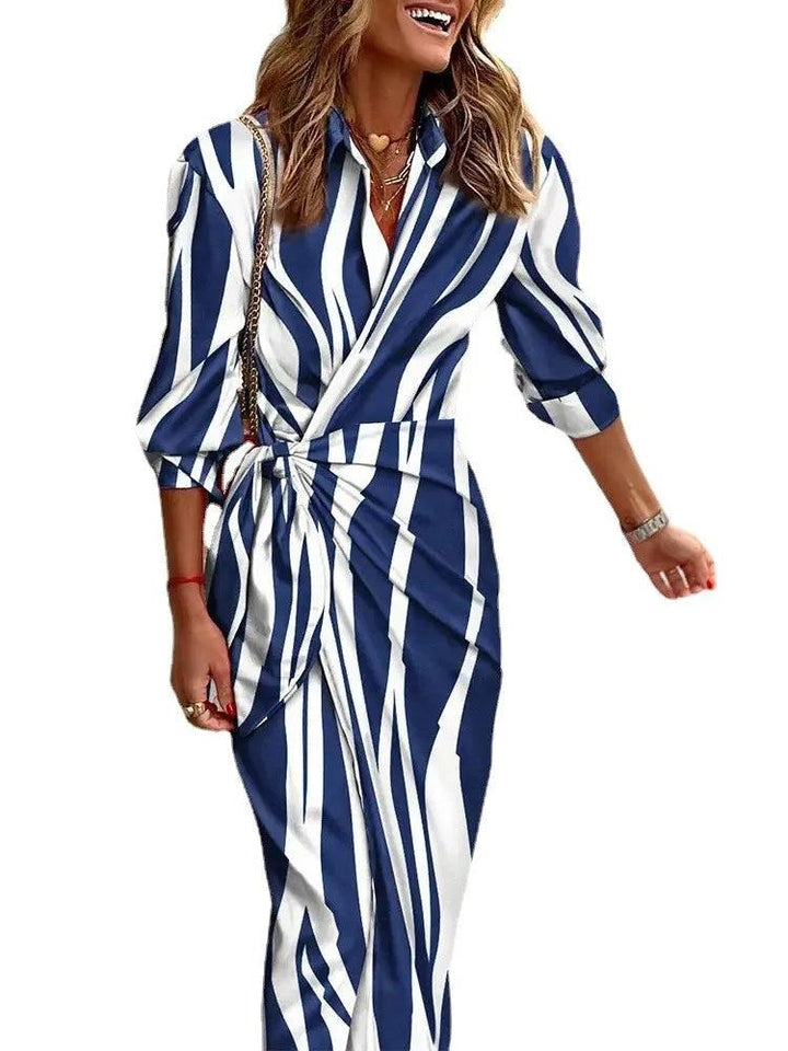 Fashion Printed Shirts Dresses Women Turn-down Collar Leace-up Bodycon Midi Dress Lady Temperament Commuting Chic Slim Vestidos-THAT FASHION STORE