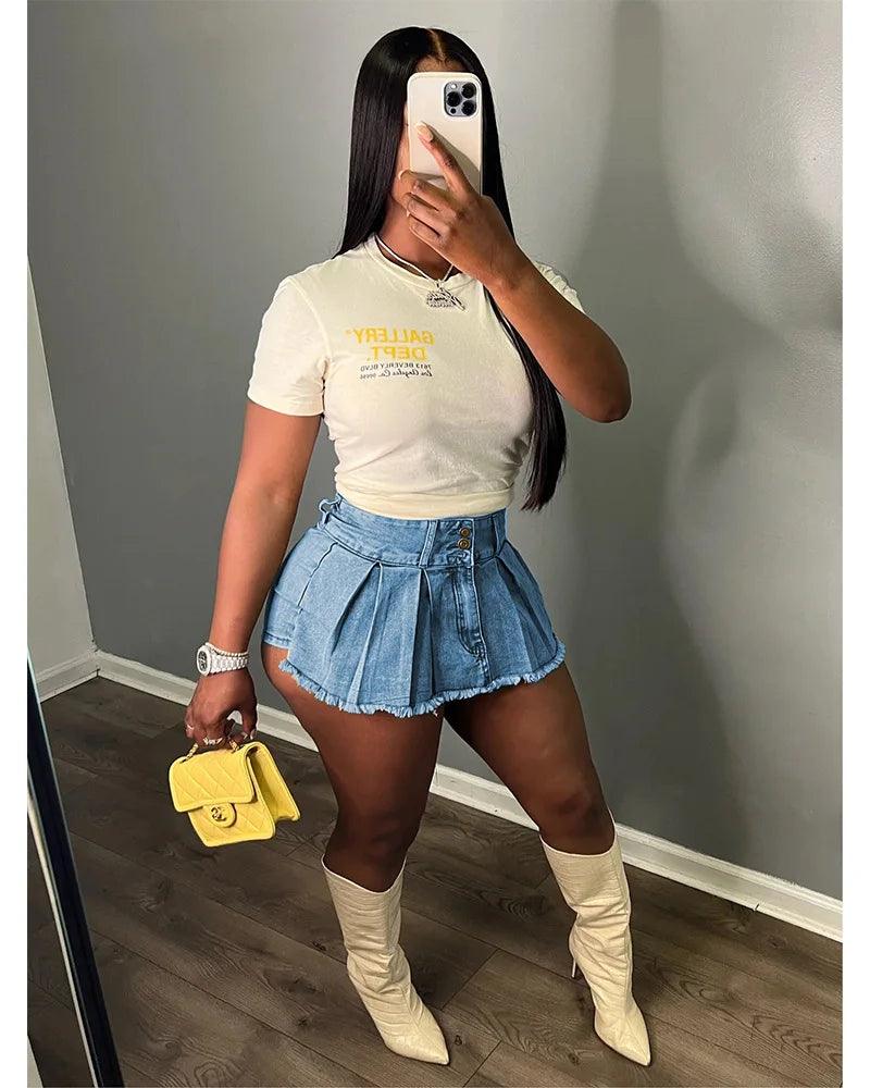 FAGADOER Fashion Y2K Cute Pleated Denim Skirts Women High Waisted Button Mini Shorts Skirts Summer New Retro Matching Bottoms-THAT FASHION STORE