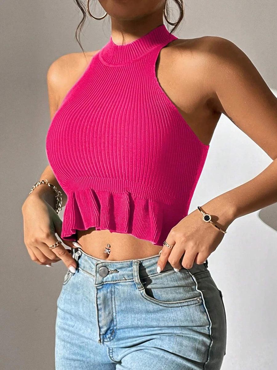 Spring Summer Women Sleeveless Ruffle Hem Crop Knit Top Femme Coquette Casual Knitwear Corset Tank Tops Clothes-THAT FASHION STORE