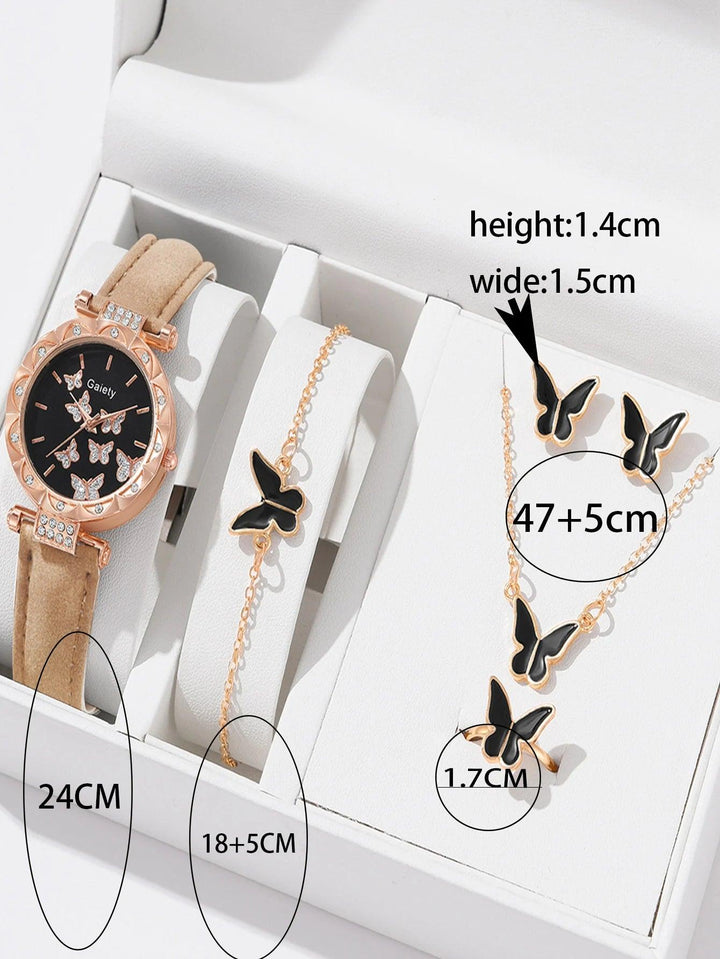 6 Luxury Watches Women's Ring Necklace Earrings Bracelet Set Watch Butterfly Leather strap Women's Quartz Watch No case-THAT FASHION STORE