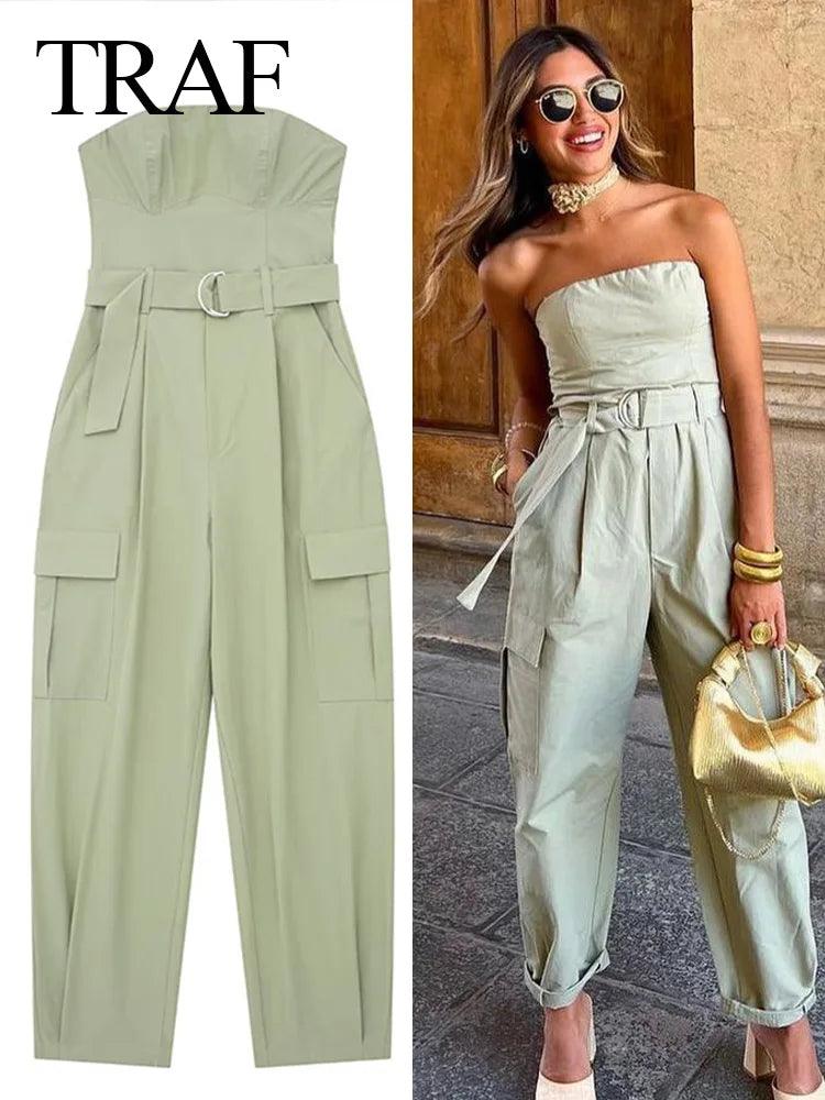 TRAF 2023 New Women Fashion Y2K Jumpsuit Solid Green With Belt Sleeveless Green Cargo Pants Loose Chic Female Clothing Street-THAT FASHION STORE