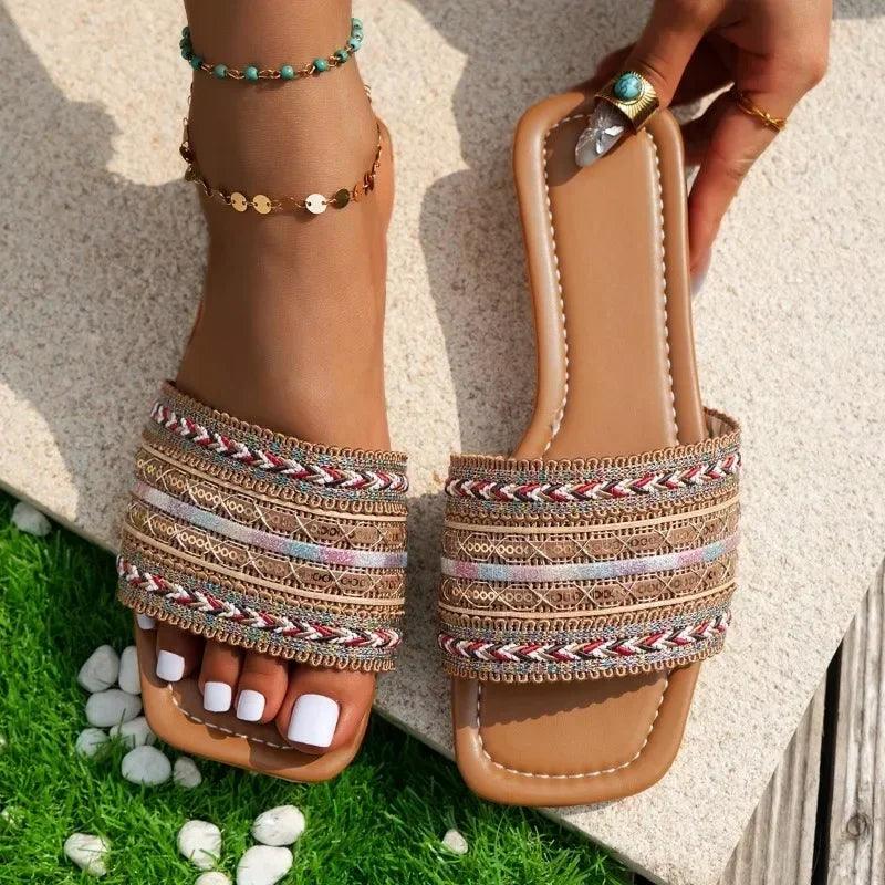 Slippers Women Square Toe Summer Open Toe Female Shoes on Sale Mixed Colors Outdoor Casual Beach Women Flat Large Size Slippers-THAT FASHION STORE