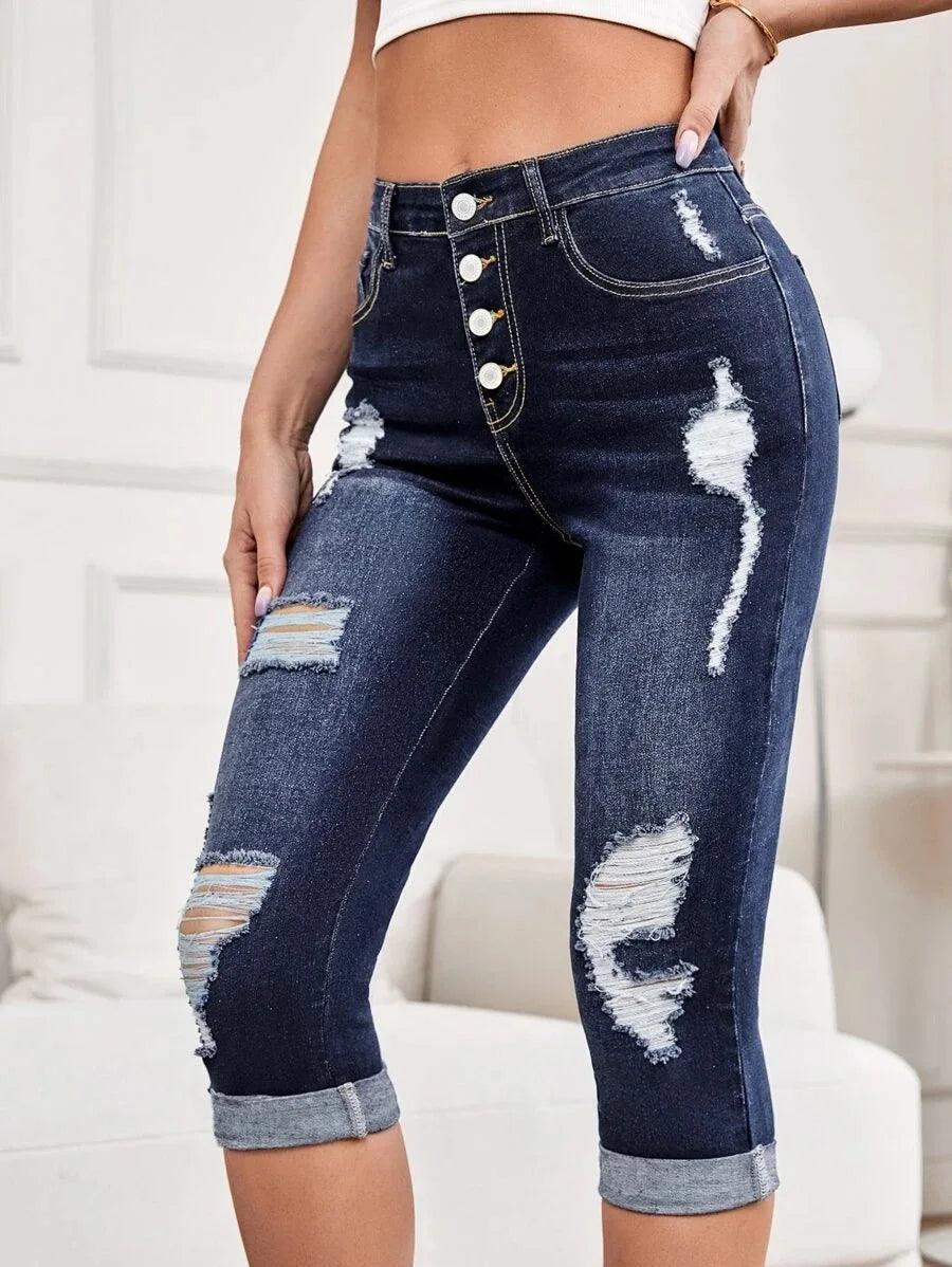 2023 New Women Summer Ripped Mid Waist Jeans Fashion Elastic Slim Calf-Length Denim Pencil Pants Casual Female Clothing S-2XL-THAT FASHION STORE