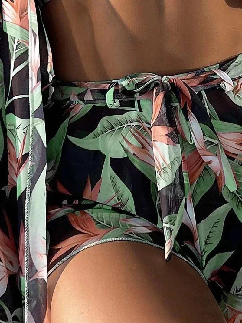 Tropical Allover Print Women's Matching Set Swimwear Sexy 4 Pieces Swimsuit Bikini Set+Shorts+Blusas Cover Up Beachwear Tankinis-THAT FASHION STORE