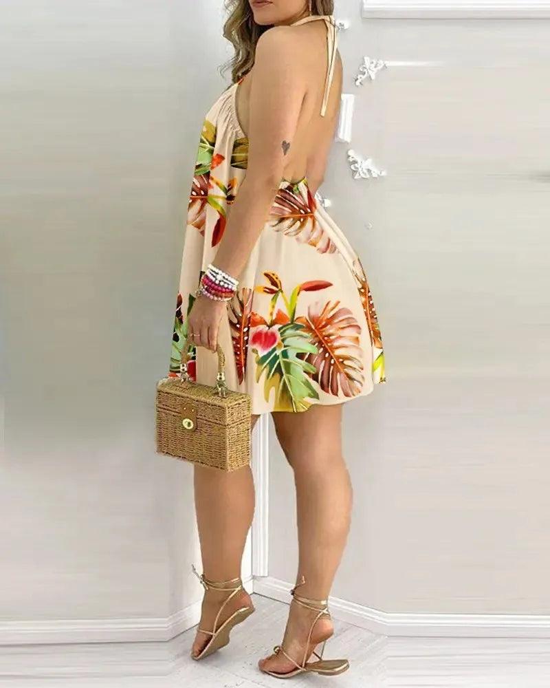 Tropical Print Halter Neck Dress Vacation Style Backless Dress For Spring & Summer Women's Clothing-THAT FASHION STORE