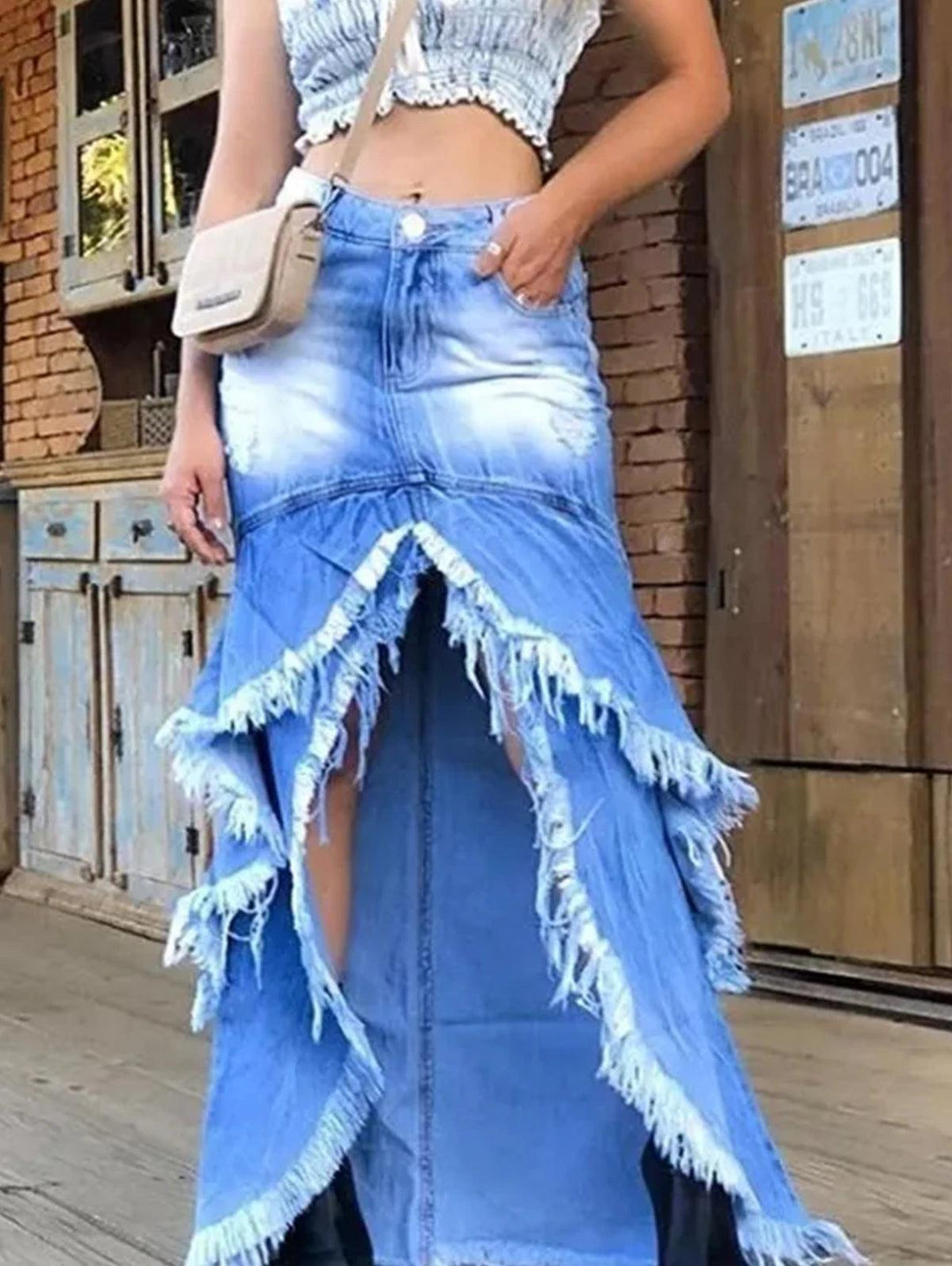 Long Denim Skirts For Women Maxi 2024 Front Slit Plain Raw Trim Slim Fit Jean Skirts Womens Long Streetwear Skirt Denim Maxi-THAT FASHION STORE