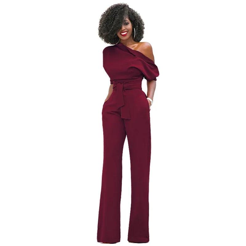 Customized High Quality Autumn Casual Jumpsuit One Shoulder Slash Neck Button Romper Full Length Jumpsuit Wide Legs Jumpsuit-THAT FASHION STORE