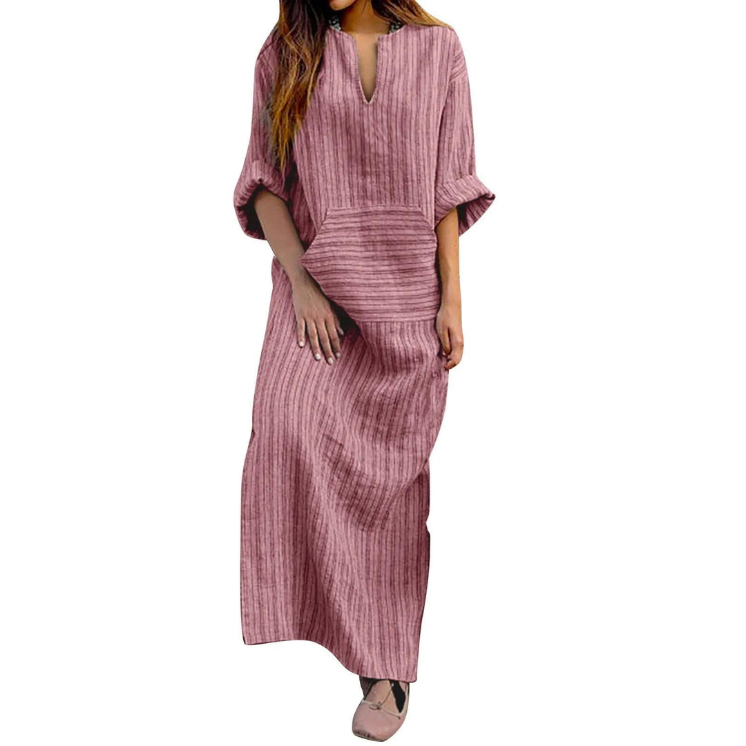 Women'S Summer Dresses Cotton Linen Dresses V Neck Half Sleeve Pocket Yarn Dyed Dress Comfy Striped Loose Long Dress-THAT FASHION STORE