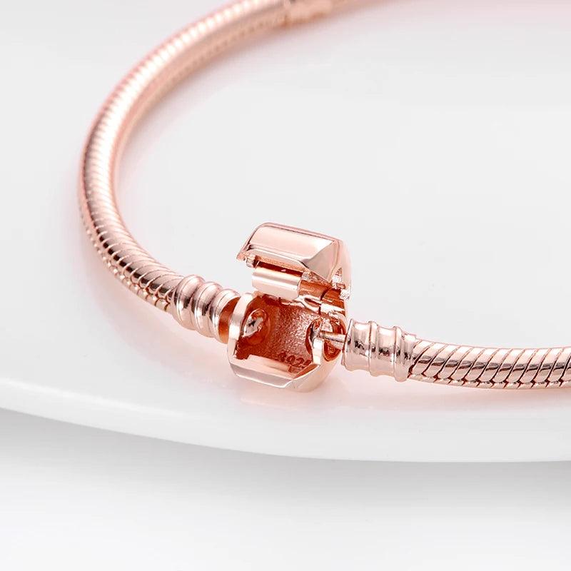 925 Sterling Silver Original Genuine Certified Rose Gold Luxury Charm Beads Bracelet Snake Chain For Women Jewelry Flat Bracelet-THAT FASHION STORE