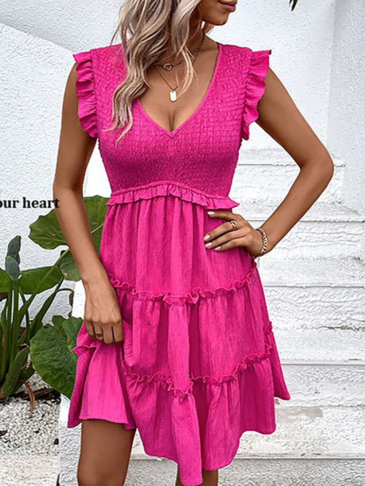 Summer Midi Dresses For Women Casual Red Ruffle Big Hem Holiday Beach Dress Fashion Sleevelee V Neck New In Dresses 2024 - THAT FASHION STORE