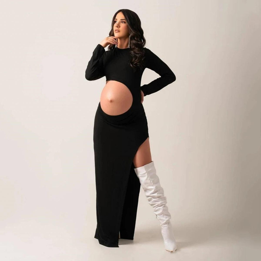 Stretchy Maternity Photo Shoot Dress Full Sleeve Slides Slit Pregnant Woman Long Dresses-THAT FASHION STORE