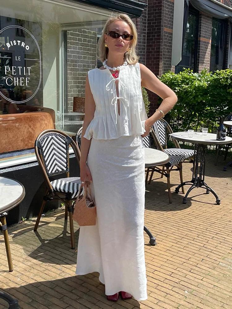 Solid Lace Up Skirts Sets for Women 2 Pieces Chic O Neck Sleeveless Ruffles Tank Lady Suits High Waist A Line Skirt 2024 Summer-THAT FASHION STORE