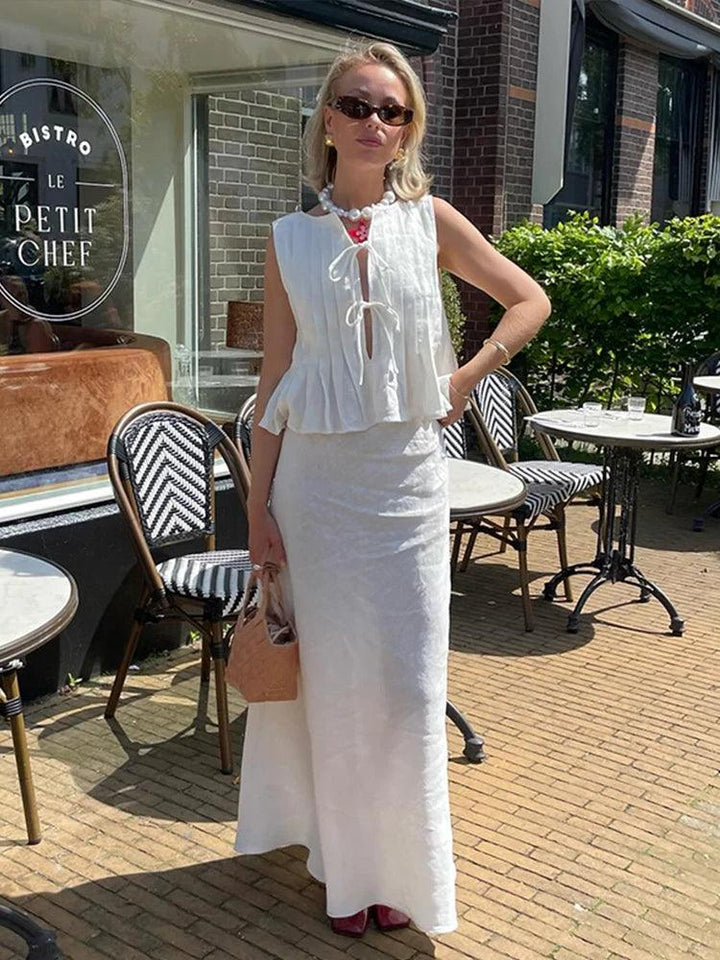 Solid Lace Up Skirts Sets for Women 2 Pieces Chic O Neck Sleeveless Ruffles Tank Lady Suits High Waist A Line Skirt 2024 Summer-THAT FASHION STORE