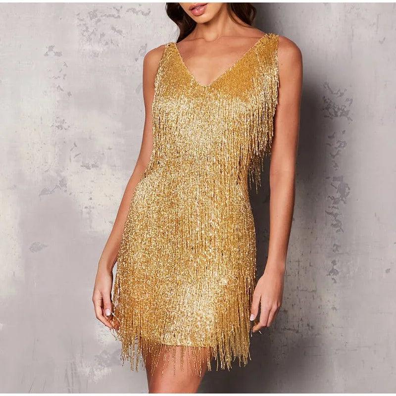 2023 New Sexy Tassel Sequins Feather Mini Dress Women Spaghetti Strap Stitching Dresses Female Elegant Evening Party Club Dress-THAT FASHION STORE