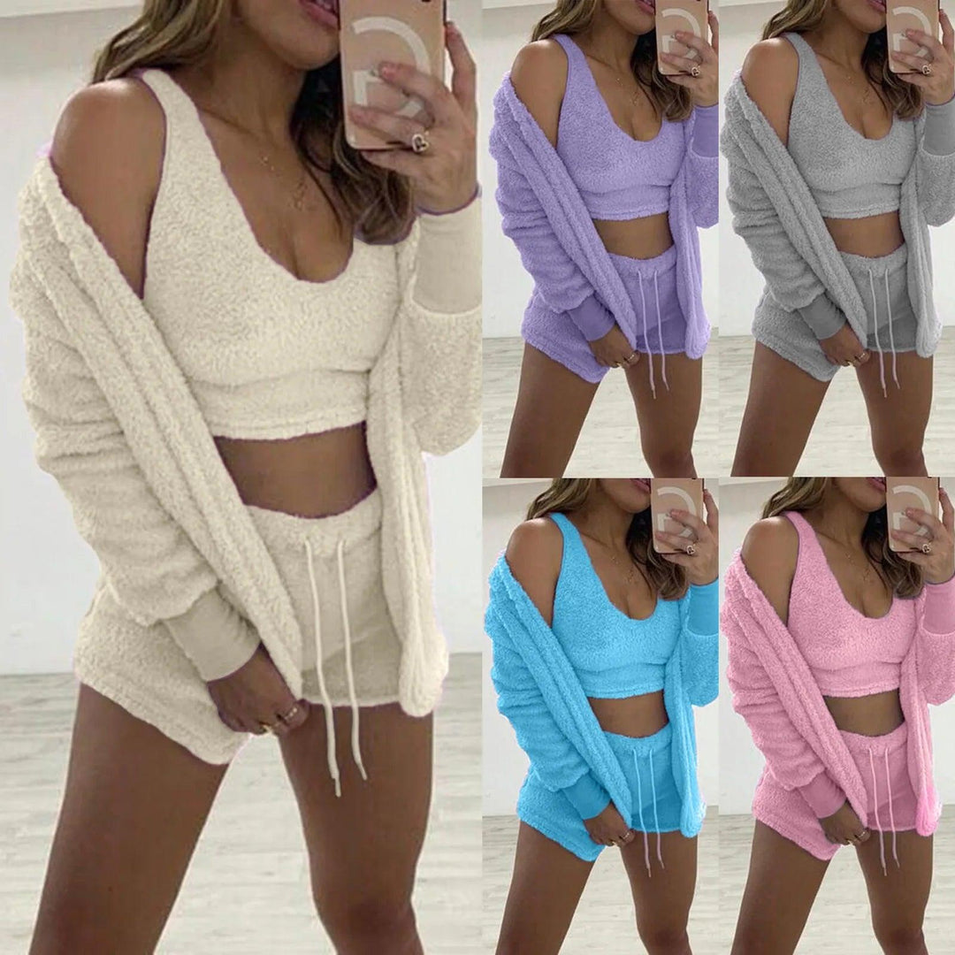 Fluffy Pajamas Set For Women Casual Sleepwear Tank Top And Shorts Plus Size Hoodie Leisure Homsuit Winter 3 Pieces Pijamas-THAT FASHION STORE