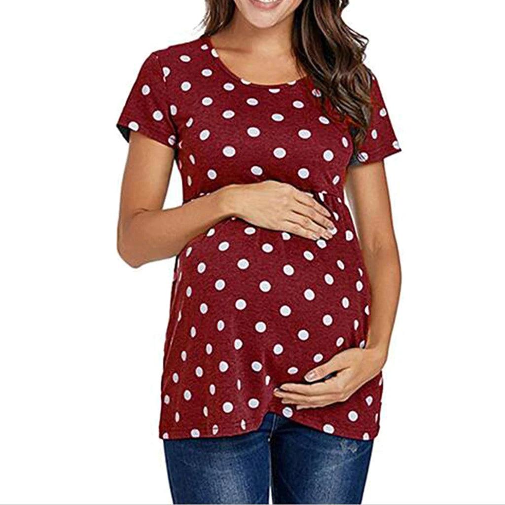 Women Pregnancy Casual T Shirt Maternity Summer Short Sleeve Dot Print Tees Tops Pregnant Tunic Blouse Maternity Clothing-THAT FASHION STORE