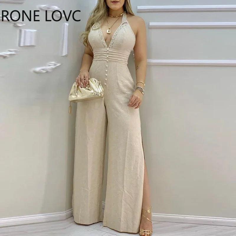 Women Jumpsuits Lace Trim Buttoned Backless Slit Jumpsuit V Neck Jumpsuit-THAT FASHION STORE