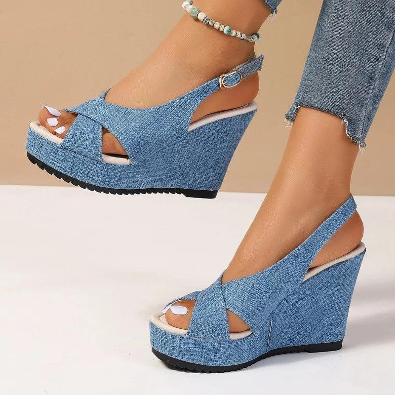 DOGHC 2024 NEW Size 35-43 Shoes for Women Ankle Buckle Wedges Sandals for Women Summer Denim Sandal Comfortable Thick Sole-THAT FASHION STORE