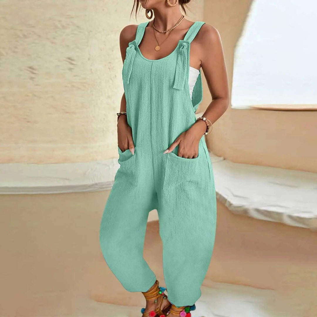 Women's Casual Summer Short Rompers Overalls 2024 Loose Sleeveless Tie Knot Strap Jumpsuits with Pockets Loose Casual Romper-THAT FASHION STORE