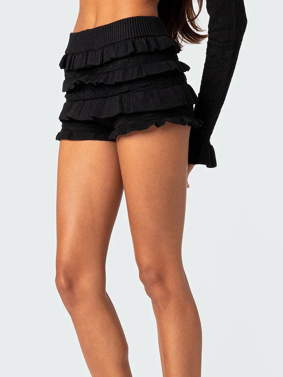 Women Knit Shorts Elastic Waist Layered Ruffle Skirt Shorts Fall Summer Slim Fit Casual Short Pants for Daily Streetwear Trendy-THAT FASHION STORE