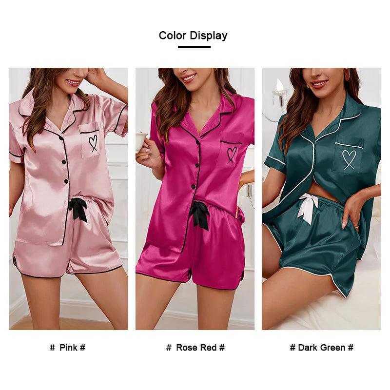 2pcs Heart Embroidered Pajama Set Satin Button-Down Short Sleeve Tops & Elastic Shorts Pyjama Women's Sleepwear & Loungewear Pjs-THAT FASHION STORE