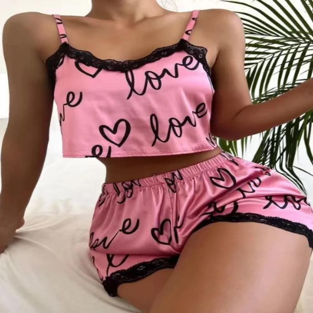 2 Pieces Set Women'S Pajama Shorts Suit Homewear Print Underwear Pijama Sexy Lingerie Camisoles Tanks Nighty Ladies Sleepwear-THAT FASHION STORE