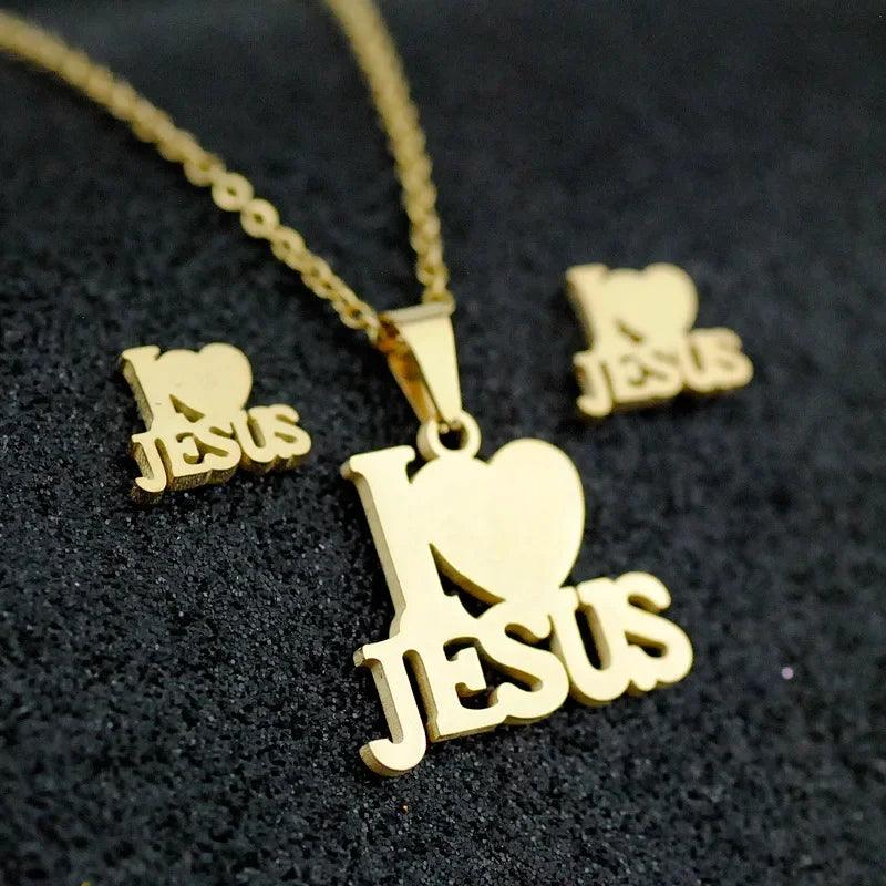 Fashion Stainless Steel Jesus Cross Men Charm Heart Letter Pendant Necklace Jewelry Set Chain Christian Symbol Jewelry Gifts-THAT FASHION STORE