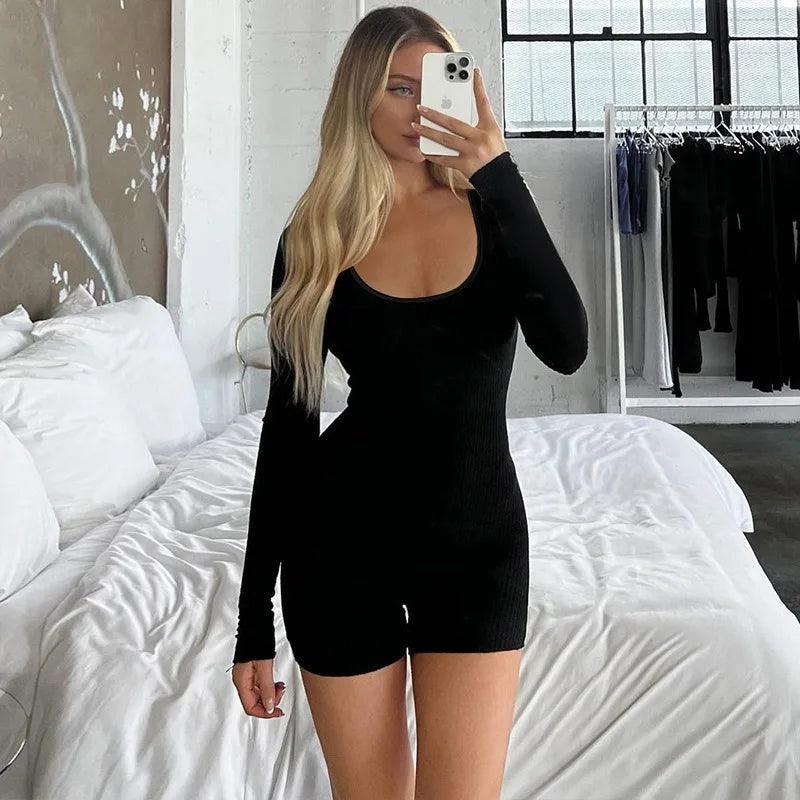 Autumn Black Playsuits For Women New Fashion Bodycon Long Sleeves O-Neck Rompers Casual Streetwear Sexy Sports Fitness Overall-THAT FASHION STORE