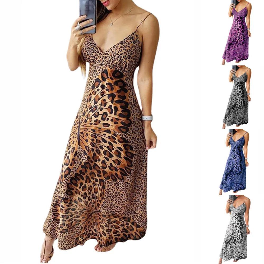 Summer Women's 2023 New Strap Women's Printed Dress Leopard Pattern Butterfly V-Neck Sleeveless Bottom Skirt-THAT FASHION STORE