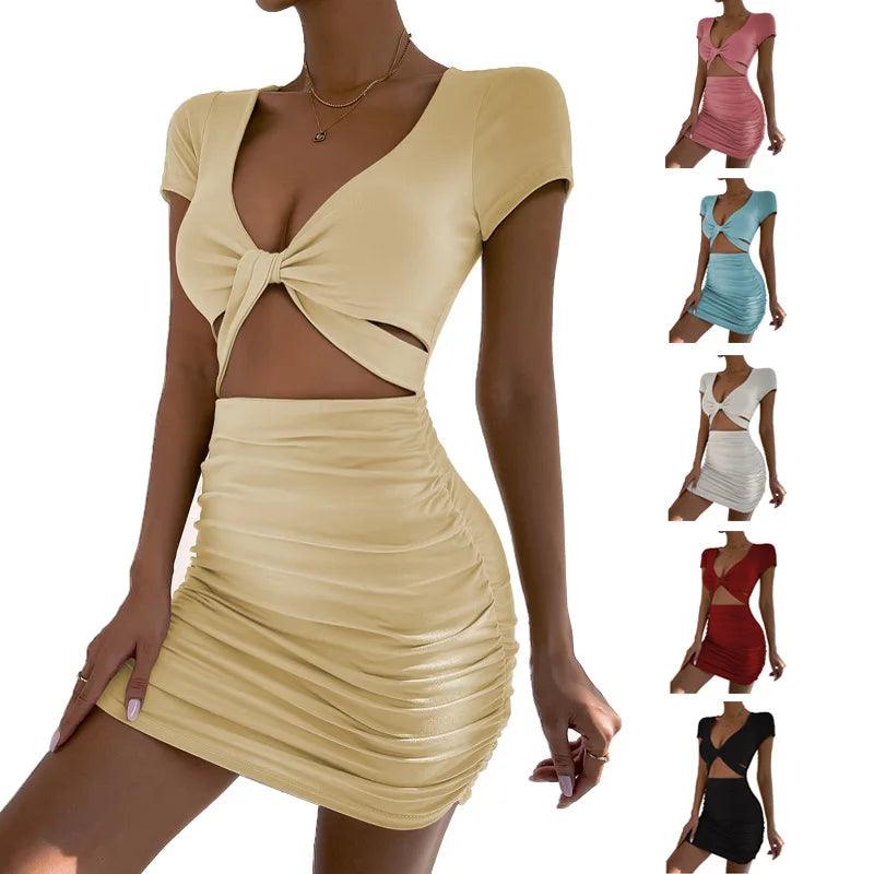 Y2k2024 Summer New Short sleeved Sexy V-neck Open Waist Hollow Wrapped Hip Dress-THAT FASHION STORE