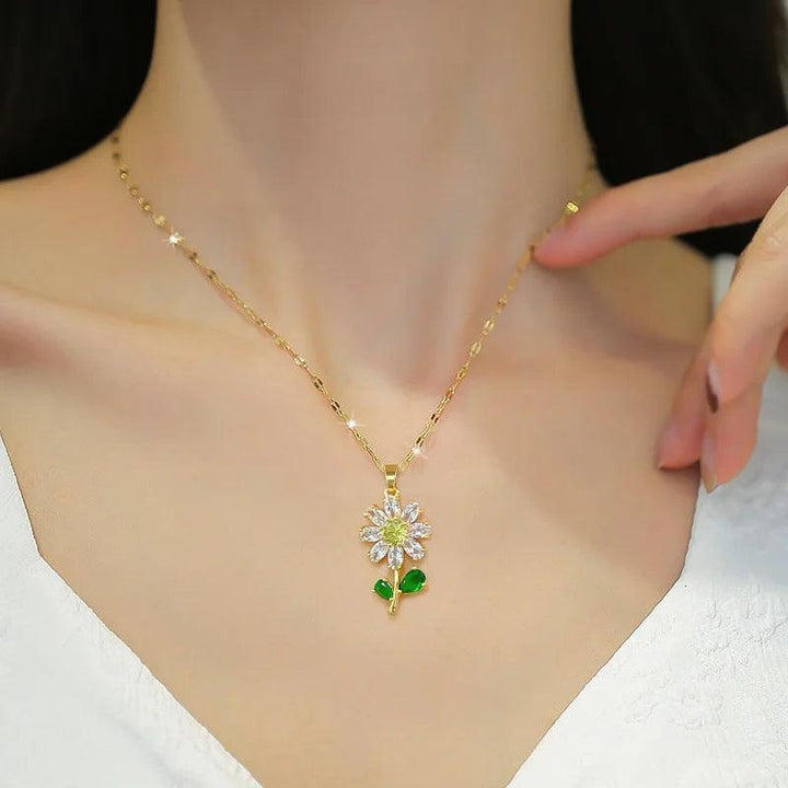 Classic Green Leaf Flower Necklace and Earrings Set Light Luxury Sunflower Personalized Banquet Stainless Steel Jewelry-THAT FASHION STORE