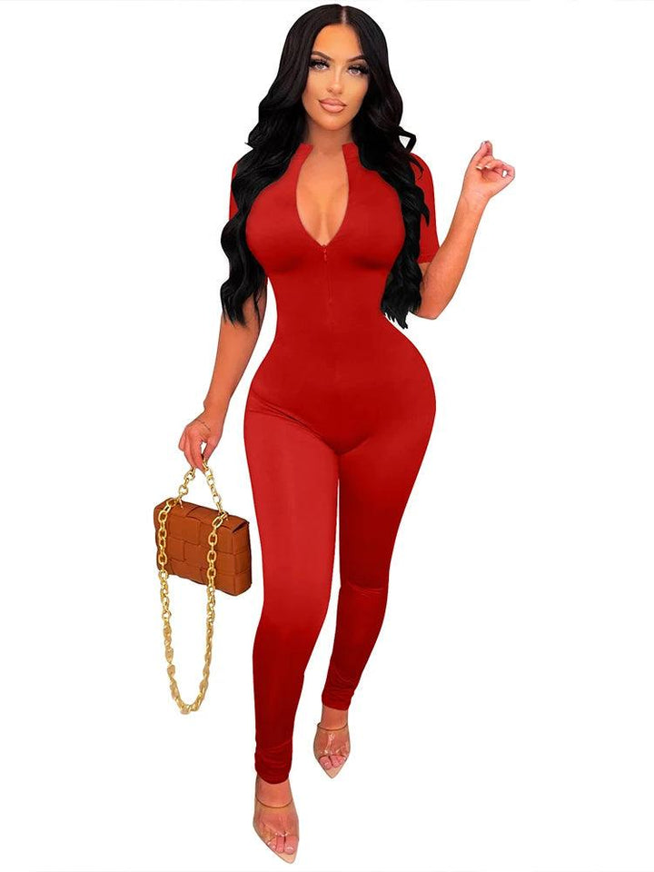 New Autumn and Winter Short Sleeve V Neck Bodycon Jumpsuit Full Lengt Rompers Women Jumpsuits-THAT FASHION STORE