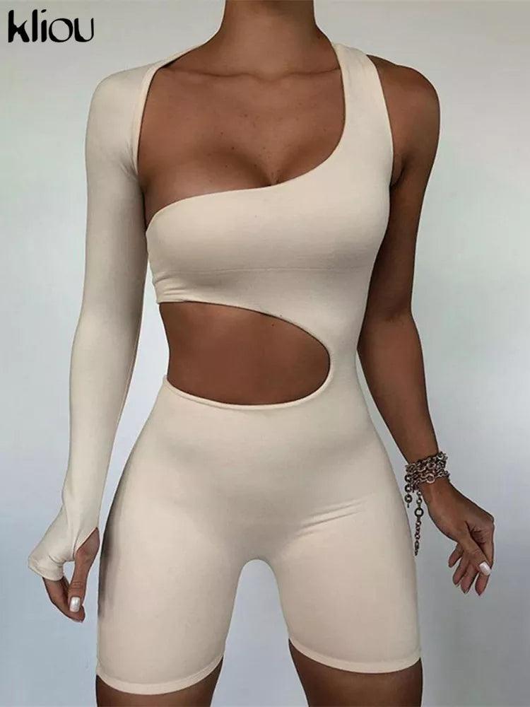 Kliou Asymmetrical Solid Women Rompers Basic Long Sleeve Casual Sportswear Streetwear Female Elastic High Waist Jumpsuits-THAT FASHION STORE