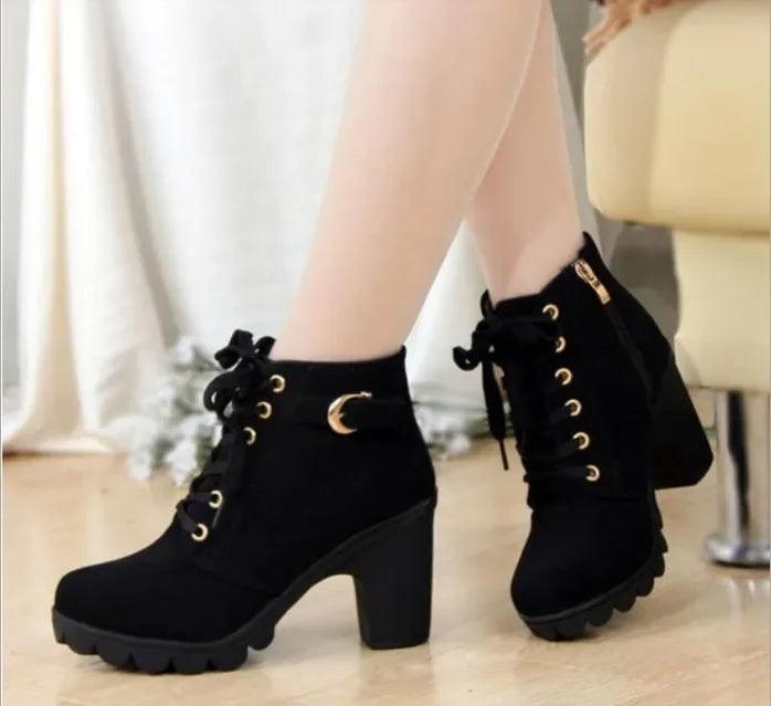 Boots Women Shoes Women Fashion High Heel Lace Up Ankle Boots Ladies Buckle Platform Artificial Leather Shoes bota feminina2021-THAT FASHION STORE