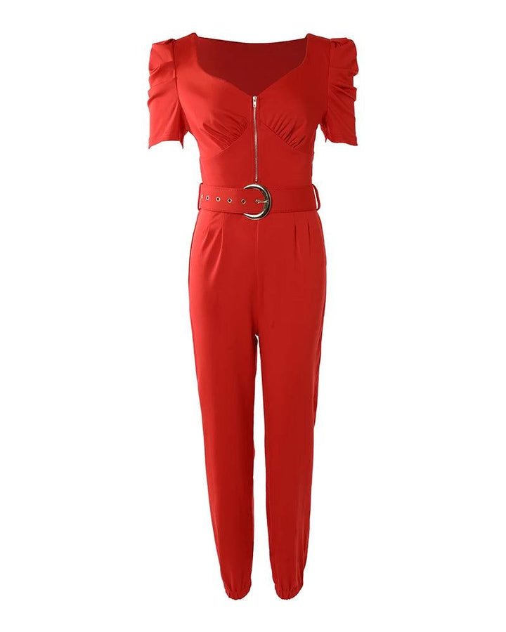 Women's Front Zipper Jumpsuit with Belt Loose Sleeve Casual Fashion Summer-THAT FASHION STORE