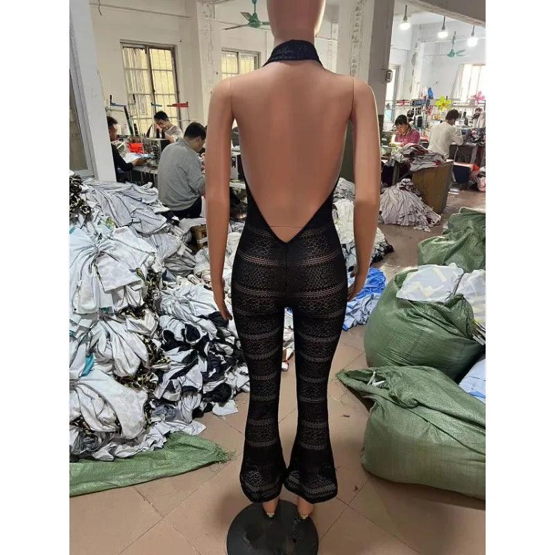 Knitted Hollow Halter Jumpsuit Women 2024 Summer Sexy V-neck Halter Sleeveless Backless Stretch Rompers Party Club Overalls-THAT FASHION STORE