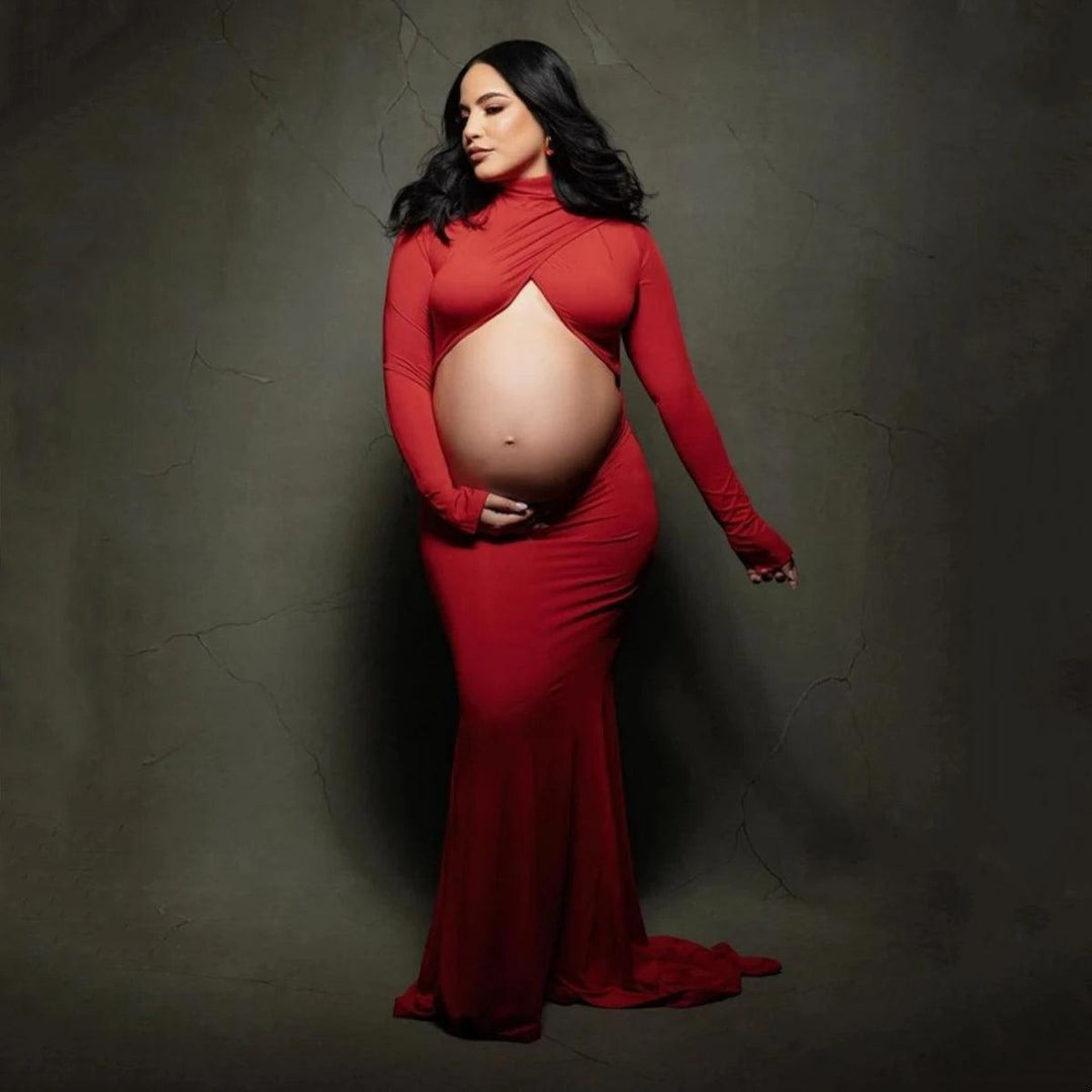 Full Sleeve High Neck Maternity Photography Outfit Bodycon Pregnancy Photo Shooting Maxi Dress-THAT FASHION STORE