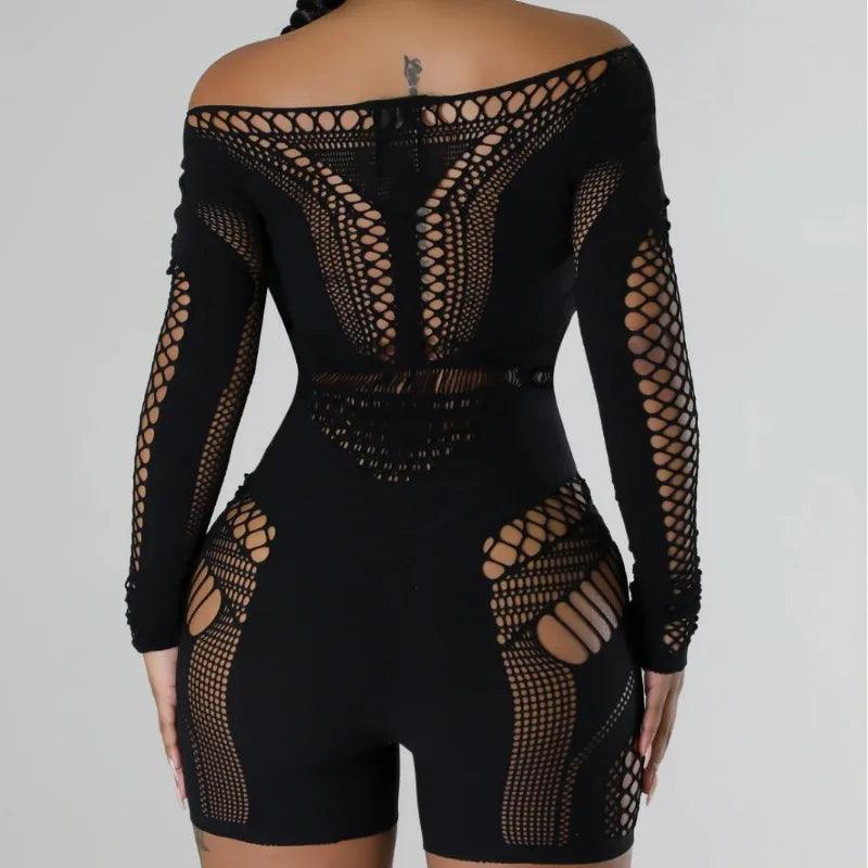 Sexy See Through Women Rompers Solid Long Sleeve Playsuits 2024 Summer Outfits Hollow Out Night Club Party One Piece Overalls-THAT FASHION STORE