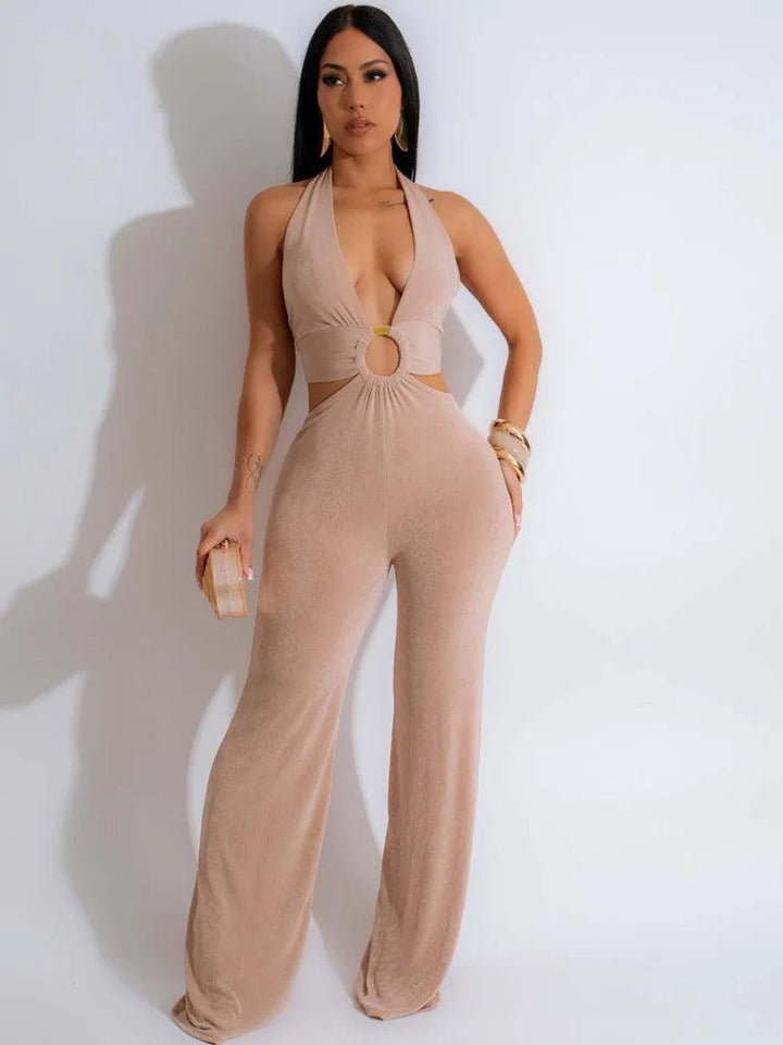 Beyprern Fashion Halter Neck O-Rings Wide Legs Jumpsuits One Piece Outfits Women's Hollow Out Night Out Rompers Overalls-THAT FASHION STORE